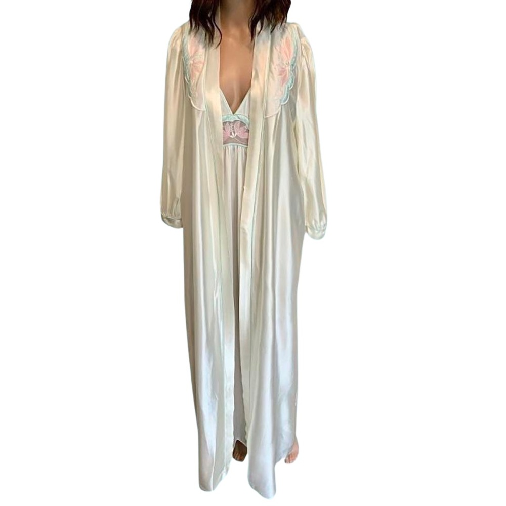 Vintage 2 Pc White Nylon Ribbon Accent Nightgown Robe - M